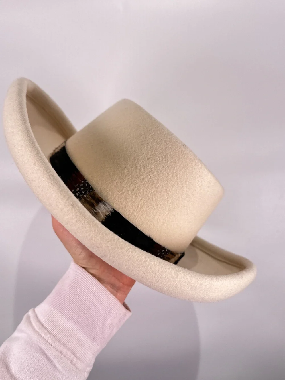 Importina Flat Crown Hat Rolled Brim Feather Band Wool Felt Cream OS